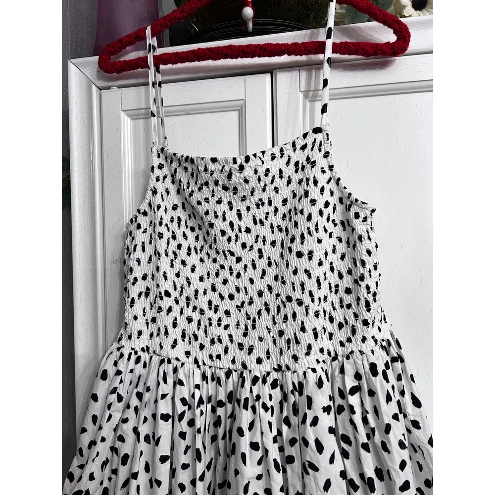 Black White Spotted Smocked Bubble Hem Midi Dress Medium Stretchy Spring Summer
